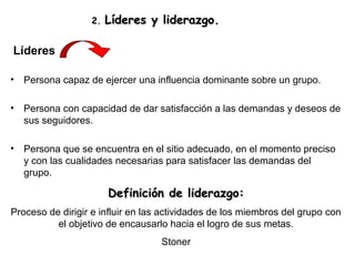 2.   Líderes y liderazgo.

Líderes

•   Persona capaz de ejercer una influencia dominante sobre un grupo.

•   Persona con capacidad de dar satisfacción a las demandas y deseos de
    sus seguidores.

•   Persona que se encuentra en el sitio adecuado, en el momento preciso
    y con las cualidades necesarias para satisfacer las demandas del
    grupo.

                       Definición de liderazgo:
Proceso de dirigir e influir en las actividades de los miembros del grupo con
          el objetivo de encausarlo hacia el logro de sus metas.
                                   Stoner
 