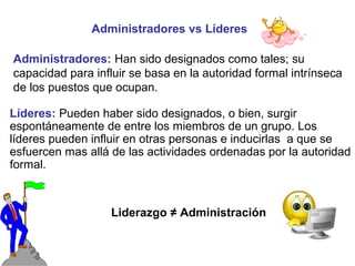 Administradores vs Líderes

Administradores: Han sido designados como tales; su
capacidad para influir se basa en la autoridad formal intrínseca
de los puestos que ocupan.

Líderes: Pueden haber sido designados, o bien, surgir
espontáneamente de entre los miembros de un grupo. Los
líderes pueden influir en otras personas e inducirlas a que se
esfuercen mas allá de las actividades ordenadas por la autoridad
formal.



                   Liderazgo ≠ Administración
 