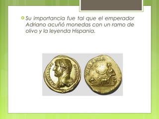  Su importancia fue tal que el emperador
 Adriano acuñó monedas con un ramo de
 olivo y la leyenda Hispania.
 