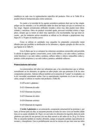 establezca en cada caso la reglamentación específica del producto. Pero en la Tabla III se
pueden observar limitaciones para ciertas sustancias.

         En cuanto a la toxicidad de los agentes aromáticos podemos decir que no hay ningún
peligro con los naturales y en los artificiales dadas las dosis tan bajas con que se consumen no
hay riesgo. Algunos aromatizantes artificiales tomadas a dosis muy altas pueden tener efecto
irritante y narcóticas. Otros sin producir toxicidad aguda, provocan toxicidad crónica a largo
plazo, siempre que se tomen en dosis muy superiores a las recomendadas. hay que tener en
cuenta , que las sustancias activas aromáticas se utilizan en los alimento a proporciones muy
bajas (0.1 a 10 ppm en muchos casos).

        Como se utilizan en cantidades muy pequeñas los preparados comerciales vienen
diluidos para que posibilite su dosificación en los alimentos y algunos ejemplos de ellos son los
que figuran en la Tabla IV.

         Con el objeto que no se estropeen las soluciones aromáticas comerciales está permitida
la adición de algunos agentes conservantes, como: ácido sórbico y sus sales sódica y potásica;
ácido benzónico y sus sales sódica y potásica; sulfuros sódico y cálcico; metasulfitos sódico y
potásico; ácido propiónico y sus sales sódica y potásica; anhídrido sulfuroso.


Potenciadores del sabor

         Los potenciadores del sabor son substancias que, a las concentraciones que se utilizan
normalmente en los alimentos, no aportan un sabor propio, sino que potencian el de los otros
componentes presentes. Además influyen también en la sensación de "cuerpo" en el paladar y en
la de viscosidad, aumentando ambas. Esto es especialmente importante en el caso de sopas y
salsas, aunque se utilizan en muchos más productos. (Tabla III)

       E-620 acido L-glutámico

       E-621 Glutamato de sodio

       E-622 Glutamato de potasio

       E-623 Glutamato de calcio

       E-624 Glutamato amónico

       E-625 Glutamato de magnesio

         El ácido L-glutámico es un aminoácido, componente estructural de las proteínas y, por
tanto, al formar parte de ellas, se encuentra presente en todos los seres vivos (un hombre adulto
tiene en su cuerpo alrededor de 2 Kg) y en casi todos los alimentos (la ingestión diaria de ácido
glutámico por parte de una persona con una dieta normal es del orden de los 20 g). En forma
libre se encuentra también en muchos alimentos, aunque en pequeña cantidad, especialmente en
tomates y champiñones. Esta es probablemente una de las razones de que éstos sean tan útiles
                                                                                              12
 