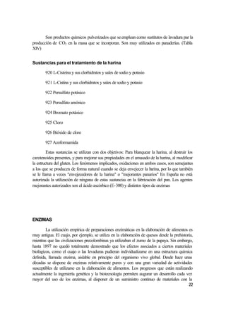 Son productos químicos pulverizados que se emplean como sustitutos de lavadura par la
producción de CO2 en la masa que se incorporan. Son muy utilizados en panaderías. (Tabla
XIV)


Sustancias para el tratamiento de la harina

       920 L-Cisteína y sus clorhidratos y sales de sodio y potasio

       921 L-Cistina y sus clorhidratos y sales de sodio y potasio

       922 Persulfato potásico

       923 Persulfato amónico

       924 Bromato potásico

       925 Cloro

       926 Bióxido de cloro

       927 Azoformamida

         Estas sustancias se utilizan con dos objetivos: Para blanquear la harina, al destruir los
carotenoides presentes, y para mejorar sus propiedades en el amasado de la harina, al modificar
la estructura del gluten. Los fenómenos implicados, oxidaciones en ambos casos, son semejantes
a los que se producen de forma natural cuando se deja envejecer la harina, por lo que también
se le llama a veces "envejecedores de la harina" o "mejorantes panarios" En España no está
autorizada la utilización de ninguna de estas sustancias en la fabricación del pan. Los agentes
mejorantes autorizados son el ácido ascórbico (E-300) y distintos tipos de enzimas




ENZIMAS

        La utilización empírica de preparaciones enzimáticas en la elaboración de alimentos es
muy antigua. El cuajo, por ejemplo, se utiliza en la elaboración de quesos desde la prehistoria,
mientras que las civilizaciones precolombinas ya utilizaban el zumo de la papaya. Sin embargo,
hasta 1897 no quedó totalmente demostrado que los efectos asociados a ciertos materiales
biológicos, como el cuajo o las levaduras pudieran individualizarse en una estructura química
definida, llamada enzima, aislable en principio del organismo vivo global. Desde hace unas
décadas se dispone de enzimas relativamente puros y con una gran variedad de actividades
susceptibles de utilizarse en la elaboración de alimentos. Los progresos que están realizando
actualmente la ingeniería genética y la biotecnología permiten augurar un desarrollo cada vez
mayor del uso de los enzimas, al disponer de un suministro continuo de materiales con la
                                                                                             22
 