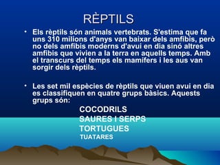 RÈPTILS
• Els rèptils són animals vertebrats. S'estima que fa
  uns 310 milions d'anys van baixar dels amfibis, però
  no dels amfibis moderns d'avui en dia sinó altres
  amfibis que vivien a la terra en aquells temps. Amb
  el transcurs del temps els mamífers i les aus van
  sorgir dels rèptils.

• Les set mil espècies de rèptils que viuen avui en dia
  es classifiquen en quatre grups bàsics. Aquests
  grups són:
               COCODRILS
               SAURES I SERPS
               TORTUGUES
                TUATARES
 