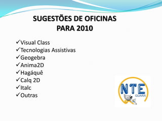Programa Escola Ativa (Módulo Tecnologia)Projetos  - 2010UCA – Um Computador Por AlunoImplantação e desenvolvimento do uso do laptop educacional. O programa está sustentado em quatro pilares: infra-estrutura, pesquisa, formação e avaliação.http://projeto-uca-df.blogspot.com/