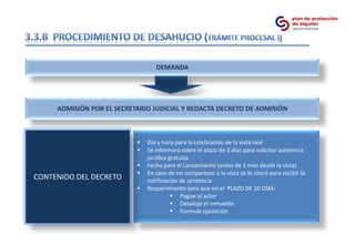 DEMANDA




     ADMISIÓN POR EL SECRETARIO JUDICIAL Y REDACTA DECRETO DE ADMISIÓN



                              Día y hora para la celebración de la vista oral
                              Se informará sobre el plazo de 3 días para solicitar asistencia
                               jurídica gratuita
                              Fecha para el Lanzamiento (antes de 1 mes desde la vista)
                              En caso de no comparecer a la vista se le citará para recibir la
CONTENIDO DEL DECRETO          notificación de sentencia
                              Requerimiento para que en el PLAZO DE 10 DÍAS:
                                          Pague al actor
                                          Desaloje el inmueble
                                          Formule oposición
 