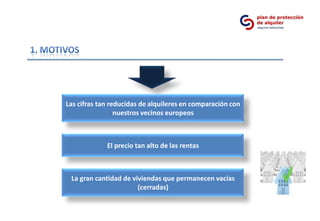 Las cifras tan reducidas de alquileres en comparación con
                 nuestros vecinos europeos



             El precio tan alto de las rentas



 La gran cantidad de viviendas que permanecen vacías
                       (cerradas)
 