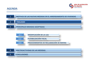 1   MOTIVOS DE LAS NUEVAS MEDIDAS EN EL ARRENDAMIENTO DE VIVIENDAS

2   FINALIDAD

3   PRINCIPALES MEDIDAS ADOPTADAS



      3.1       MODIFICACIÓN DE LA LAU

      3.2       FLEXIBILIZACIÓN FISCAL

      3.3       PROCEDIMIENTOS DE RECLAMACIÓN DE RENTAS


4   IRRETROACTIVIDAD DE LAS MEDIDAS

5   CONCLUSIONES
 