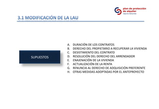 A.   DURACIÓN DE LOS CONTRATOS
            B.   DERECHO DEL PROPIETARIO A RECUPERAR LA VIVIENDA
            C.   DESISTIMIENTO DEL CONTRATO
SUPUESTOS   D.   RESOLUCIÓN DEL DERECHO DEL ARRENDADOR
            E.   ENAJENACIÓN DE LA VIVIENDA
            F.   ACTUALIZACIÓN DE LA RENTA
            G.   RENUNCIA AL DERECHO DE ADQUISICIÓN PREFERENTE
            H.   OTRAS MEDIDAS ADOPTADAS POR EL ANTEPROYECTO
 