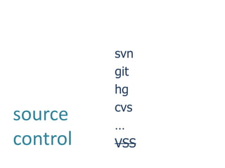 svn
          git
          hg
          cvs
source    …
control   VSS
 