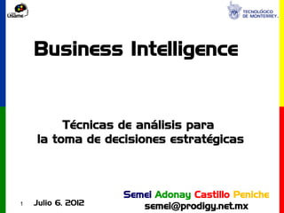 Business Intelligence


         Técnicas de análisis para
    la toma de decisiones estratégicas



                    Semei Adonay Castillo Peniche
1   Julio 6, 2012      semei@prodigy.net.mx Castillo
                                          Semei
 