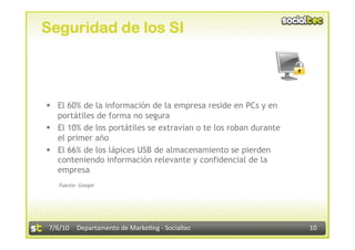 Seguridad de los SI



  El 60% de la información de la empresa reside en PCs y en
   portátiles de forma no segura
  El 10% de los portátiles se extravían o te los roban durante
   el primer año
  El 66% de los lápices USB de almacenamiento se pierden
   conteniendo información relevante y confidencial de la
   empresa
    Fuente: Google




 7/6/10  Departamento de Marke3ng ‐ Socialtec                     10 
 