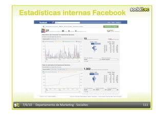 Estadísticas internas Facebook




7/6/10  Departamento de Marke3ng ‐ Socialtec    111 
 