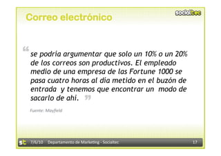 Correo electrónico


“ se podría argumentar que solo un 10% o un 20%
  de los correos son productivos. El empleado
  medio de una empresa de las Fortune 1000 se
  pasa cuatro horas al día metido en el buzón de
  entrada y tenemos que encontrar un modo de
                             “
  sacarlo de ahí.
  Fuente: Mayﬁeld 




  7/6/10  Departamento de Marke3ng ‐ Socialtec     17 
 