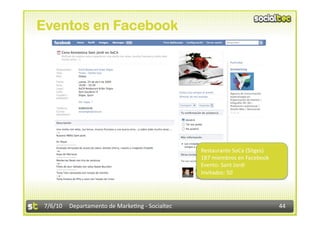 Eventos en Facebook




                                                 Restaurante SoCa (Sitges) 
                                                 187 miembros en Facebook 
                                                 Evento: Sant Jordi 
                                                 Invitados: 50 




 7/6/10  Departamento de Marke3ng ‐ Socialtec                                 44 
 