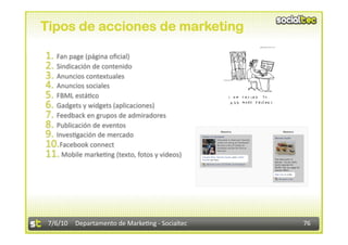 Tipos de acciones de marketing

1.  Fan page (página oﬁcial) 
2.  Sindicación de contenido 
3.  Anuncios contextuales 
4.  Anuncios sociales 
5.  FBML está3co 
6.  Gadgets y widgets (aplicaciones) 
7.  Feedback en grupos de admiradores 
8.  Publicación de eventos 
9.  Inves3gación de mercado 
10. Facebook connect 
11.  Mobile marke3ng (texto, fotos y videos) 




 7/6/10  Departamento de Marke3ng ‐ Socialtec    76 
 