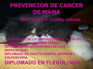 PREVENCION DE CANCER
DE MAMA
*DR. CARLOS E. FLORES VARGAS
EGRESADO DE LA UNIVERSIDAD DEL EJERCITO Y
FUERZA AEREA.
DIPLOMADO EN ULTRASONIDO DE ALTA
ESPECIALIDAD.
DIPLOMADO EN TRACTO GENITAL INFERIOR Y
COLPOSCOPIA.
DIPLOMADO EN FLEBOLOGIA.
 