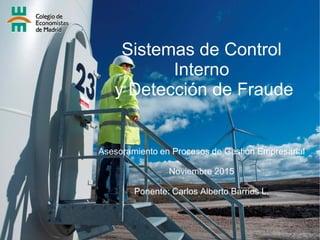 Sistemas de Control
Interno
y Detección de Fraude
Asesoramiento en Procesos de Gestión Empresarial
Noviembre 2015
Ponente: Carlos Alberto Barrios L.
 