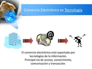 Comercio Electrónico es Tecnología
El comercio electrónico está soportado por
tecnologías de la información.
Principal vía de acceso, conocimiento,
comunicación y transacción.
 