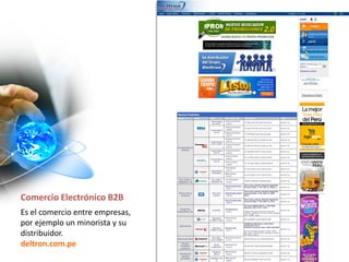 Comercio Electrónico B2B
Es el comercio entre empresas,
por ejemplo un minorista y su
distribuidor.
deltron.com.pe
 