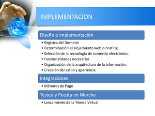 IMPLEMENTACION
Diseño e implementación
• Registro del Dominio
• Determinación el alojamiento web o hosting
• Selección de la tecnología de comercio electrónico.
• Funcionalidades necesarias
• Organización de la arquitectura de la información.
• Creación del estilo y apariencia
Integraciones
• Métodos de Pago
Testeo y Puesta en Marcha
• Lanzamiento de la Tienda Virtual
 