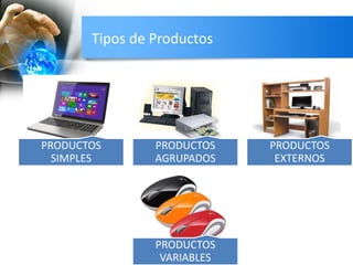 Tipos de Productos
PRODUCTOS
SIMPLES
PRODUCTOS
AGRUPADOS
PRODUCTOS
EXTERNOS
PRODUCTOS
VARIABLES
 