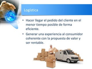 Logística
• Hacer llegar el pedido del cliente en el
menor tiempo posible de forma
eficiente.
• Generar una experiencia al consumidor
coherente con la propuesta de valor y
ser rentable.
 