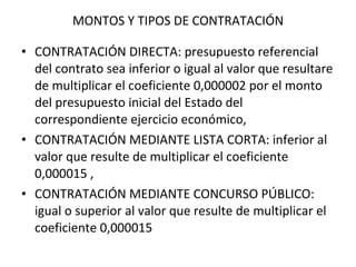 MONTOS Y TIPOS DE CONTRATACIÓN CONTRATACIÓN DIRECTA: presupuesto referencial del contrato sea inferior o igual al valor que resultare de multiplicar el coeficiente 0,000002 por el monto del presupuesto inicial del Estado del correspondiente ejercicio económico,  CONTRATACIÓN MEDIANTE LISTA CORTA: inferior al valor que resulte de multiplicar el coeficiente 0,000015 , CONTRATACIÓN MEDIANTE CONCURSO PÚBLICO: igual o superior al valor que resulte de multiplicar el coeficiente 0,000015  