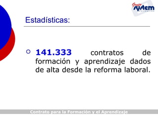 Estadísticas:



141.333

contratos
de
formación y aprendizaje dados
de alta desde la reforma laboral.

Contrato para la Formación y el Aprendizaje

 
