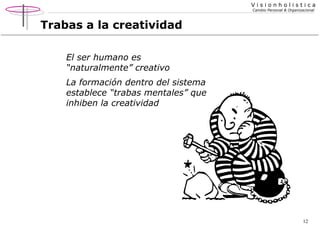 Visionholistica
Cambio Personal & Organizacional

Trabas a la creatividad
El ser humano es
“naturalmente” creativo
La formación dentro del sistema
establece “trabas mentales” que
inhiben la creatividad

12

 