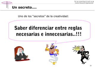 Visionholistica
Cambio Personal & Organizacional

Un secreto....
Uno de los “secretos” de la creatividad:

Saber diferenciar entre reglas
necesarias e innecesarias..!!!

26

 