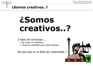 Visionholistica
Cambio Personal & Organizacional

¿Somos creativos..?

¿Somos
creativos..?
2 tipos de carencias....
 No tengo la habilidad....
 Tengo la habilidad pero está inhibida....

De qué tipo es la falta de creatividad..?

7

 