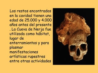 Los restos encontrados
en la cavidad tienen una
edad de 25.000 y 4.000
años antes del presente
. La Cueva de Nerja fue
utilizada como hábitat,
lugar de
enterramientos y para
plasmar
manifestaciones
artísticas rupestres
entre otras actividades
 