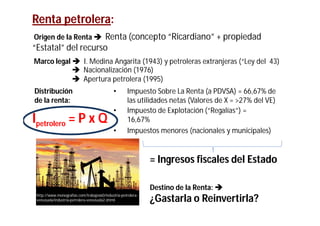 Renta petrolera:
Origen de la Renta  Renta (concepto “Ricardiano” + propiedad
“Estatal” del recurso
Marco legal  I. Medina Angarita (1943) y petroleras extranjeras (“Ley del 43)
             Nacionalización (1976)
             Apertura petrolera (1995)
Distribución                                 •       Impuesto Sobre La Renta (a PDVSA) = 66,67% de
de la renta:                                         las utilidades netas (Valores de X = >27% del VE)
                                             •       Impuesto de Explotación (“Regalías”) =
Ipetrolero = P x Q                                   16,67%
                                             •       Impuestos menores (nacionales y municipales)


                                                              = Ingresos fiscales del Estado

                                                              Destino de la Renta: 
 http://www.monografias.com/trabajos60/industria-petrolera-
 venezuela/industria-petrolera-venezuela2.shtml               ¿Gastarla o Reinvertirla?
 