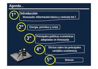 Agenda…
     Introducción
1º    Venezuela: información básica y contexto Int´l


     2º    Energía, petróleo y renta


                 Principales políticas económicas
          3º         adoptadas en Venezuela

                            Efectos sobre las principales
                 4º            variables económicas


                          5º              Síntesis
 