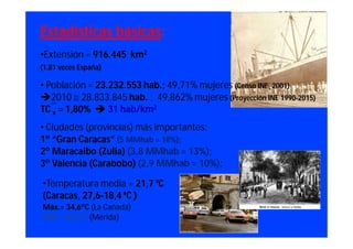 Estadísticas básicas:
•Extensión = 916.445 km2
(1,81 veces España)

• Población = 23.232.553 hab.; 49,71% mujeres (Censo INE, 2001)
2010  28.833.845 hab. ; 49,862% mujeres (Proyección INE 1990-2015)
TC x = 1,80%  31 hab/km2
• Ciudades (provincias) más importantes:
1º “Gran Caracas” (5 MMhab = 18%);
2º Maracaibo (Zulia) (3,8 MMhab = 13%);
3º Valencia (Carabobo) (2,9 MMhab = 10%);

•Temperatura media = 21,7 ºC
(Caracas, 27,6-18,4 ºC )
Máx.= 34,6ºC (La Cañada)
Mín = 16,2ºC (Mérida)
 