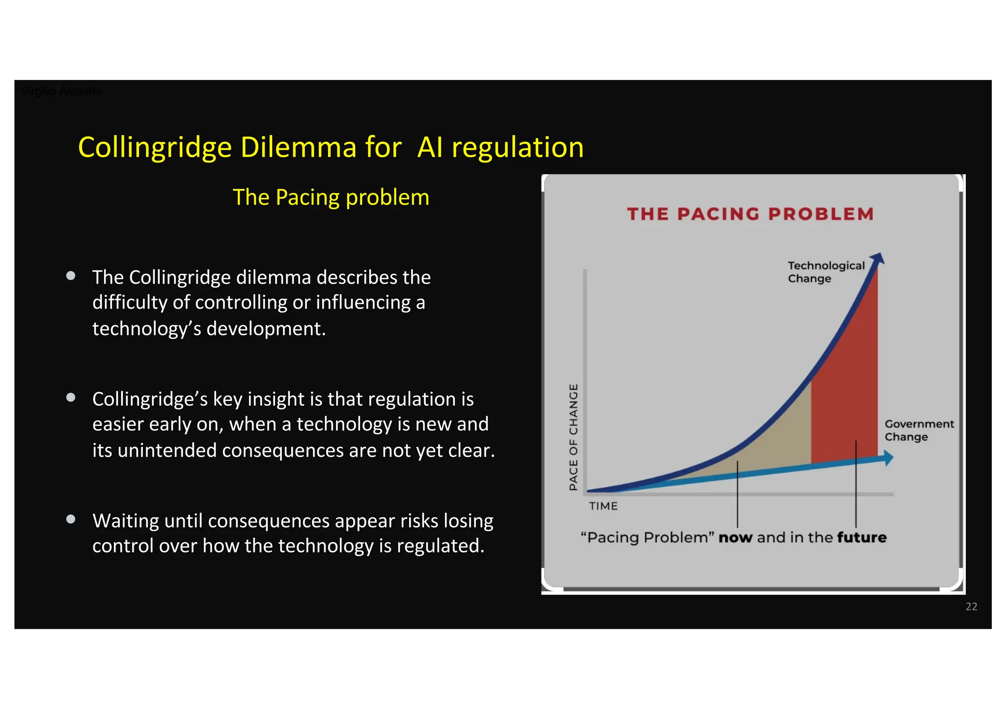 Virgilio Almeida
22
Collingridge Dilemma for AI regulation
The Pacing problem
• The Collingridge dilemma describes the
difficulty of controlling or influencing a
technology’s development.
• Collingridge’s key insight is that regulation is
easier early on, when a technology is new and
its unintended consequences are not yet clear.
• Waiting until consequences appear risks losing
control over how the technology is regulated.
 
