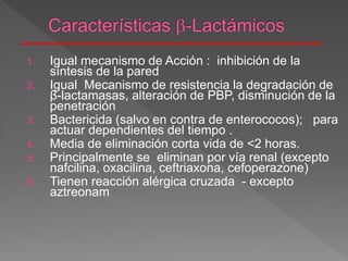 1. Igual mecanismo de Acción : inhibición de la
síntesis de la pared
2. Igual Mecanismo de resistencia la degradación de
β-lactamasas, alteración de PBP, disminución de la
penetración
3. Bactericida (salvo en contra de enterococos); para
actuar dependientes del tiempo .
4. Media de eliminación corta vida de <2 horas.
5. Principalmente se eliminan por vía renal (excepto
nafcilina, oxacilina, ceftriaxona, cefoperazone)
6. Tienen reacción alérgica cruzada - excepto
aztreonam
 