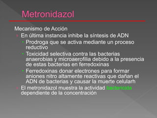 Mecanismo de Acción
› En última instancia inhibe la síntesis de ADN
 Prodroga que se activa mediante un proceso
reductivo
 Toxicidad selectiva contra las bacterias
anaerobias y microaerofilia debido a la presencia
de estas bacterias en ferredoxinas
 Ferredoxinas donar electrones para formar
aniones nitro altamente reactivas que dañan el
ADN de bacterias y causar la muerte celularh
› El metronidazol muestra la actividad bactericida
dependiente de la concentración
 
