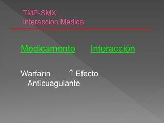 Medicamento Interacción
Warfarin  Efecto
Anticuagulante
 
