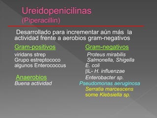 Desarrollado para incrementar aún más la
actividad frente a aerobios gram-negativos
Gram-positivos Gram-negativos
viridans strep Proteus mirabilis
Grupo estreptococo Salmonella, Shigella
algunos Enterococcus E. coli
L- H. influenzae
Anaerobios Enterobacter sp.
Buena actividad Pseudomonas aeruginosa
Serratia marcescens
some Klebsiella sp.
 