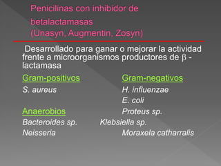 Desarrollado para ganar o mejorar la actividad
frente a microorganismos productores de  -
lactamasa
Gram-positivos Gram-negativos
S. aureus H. influenzae
E. coli
Anaerobios Proteus sp.
Bacteroides sp. Klebsiella sp.
Neisseria Moraxela catharralis
 