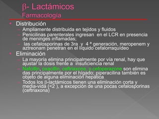 • Distribución
– Ampliamente distribuida en tejidos y fluidos
– Penicilinas parenterales ingresan en el LCR en presencia
de meninges inflamadas;
– las cefalosporinas de 3ra y 4 ª generación, meropenem y
aztreonam penetran en el líquido cefalorraquídeo
• Eliminación
– La mayoría elimina principalmente por vía renal, hay que
ajustar la dosis frente a insuficiencia renal
– Nafcillin, oxacillin, ceftriaxone, y cefoperazone son elimina
das principalmente por el hígado; piperacilina también es
objeto de alguna eliminación hepática
– Todos los -lactámicos tienen una eliminación corta y
media-vida (<2 ), a excepción de una pocas cefalosporinas
(ceftriaxona)
 