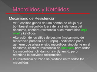 Mecanismo de Resistencia
MEF codifica genes de una bomba de eflujo que
bombea el macrólido fuera de la célula fuera del
ribosoma, confiere resistencia a los macrólidos bajo
nivel y ketólidos
› Alteración de los sitios de destino (mecanismo de
resistencia primaria en Europa) - codificada por el
gen erm que altera el sitio macrólidos vinculante en el
ribosoma, confiere resistencia de alto nivel para todos
los macrólidos, clindamicina y Synercid, pero
mantiene la actividad telitromicina
› La resistencia cruzada se produce entre todos los
macrólidos
 