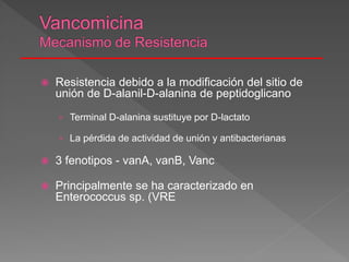  Resistencia debido a la modificación del sitio de
unión de D-alanil-D-alanina de peptidoglicano
› Terminal D-alanina sustituye por D-lactato
› La pérdida de actividad de unión y antibacterianas
 3 fenotipos - vanA, vanB, Vanc
 Principalmente se ha caracterizado en
Enterococcus sp. (VRE
 