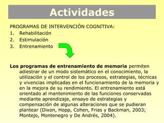 Actividades
PROGRAMAS DE INTERVENCIÓN COGNITIVA:
1. Rehabilitación
2. Estimulación
3. Entrenamiento



Los programas de entrenamiento de memoria permiten
    adiestrar de un modo sistemático en el conocimiento, la
    utilización y el control de los procesos, estrategias, técnicas
    y vivencias implicadas en el funcionamiento de la memoria y
    en la mejora de su rendimiento. El entrenamiento está
    orientado al mantenimiento de las funciones conservadas
    mediante aprendizaje, ensayo de estrategias y
    compensación de algunas alteraciones que se pudieran
    plantear (Dixon, Hopp, Cohen, Frias y Backman, 2003;
    Montejo, Montenegro y De Andrés, 2004).
 