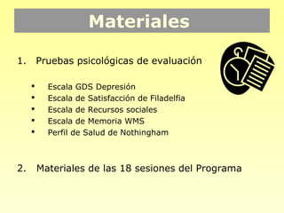 Materiales

1.       Pruebas psicológicas de evaluación

          Escala GDS Depresión
          Escala de Satisfacción de Filadelfia
          Escala de Recursos sociales
          Escala de Memoria WMS
          Perfil de Salud de Nothingham



2.       Materiales de las 18 sesiones del Programa
 