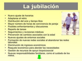 La jubilación
•   Nuevo ajuste de horarios
•   Adaptarse al retiro
•   Distribución del ocio y tiempo libre
•   Mayor número de horas de convivencia de pareja
•   Posibles enfrentamientos y discusiones
•   Reparto de tareas
•   Seguimientos y revisiones médicas
•   Prevención de cambios asociados con la edad
•   Nuevos ajustes de entornos sociales
•   Formación de nuevas redes sociales al abandonar las redes
    laborales
•   Disminución de ingresos económicos
•   Reajuste económico para atender las necesidades
•   Gestión de recursos de apoyo biopsicosocial
•   Nuevas responsabilidades familiares, como el cuidado de los
    nietos.
 
