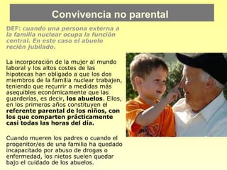 Convivencia no parental
DEF: cuando una persona externa a
la familia nuclear ocupa la función
central. En este caso el abuelo
recién jubilado.

La incorporación de la mujer al mundo
laboral y los altos costes de las
hipotecas han obligado a que los dos
miembros de la familia nuclear trabajen,
teniendo que recurrir a medidas más
asequibles económicamente que las
guarderías, es decir, los abuelos. Ellos,
en los primeros años constituyen el
referente parental de los niños, con
los que comparten prácticamente
casi todas las horas del día.

Cuando mueren los padres o cuando el
progenitor/es de una familia ha quedado
incapacitado por abuso de drogas o
enfermedad, los nietos suelen quedar
bajo el cuidado de los abuelos.
 