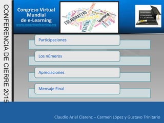 Congreso Virtual
Mundial
de e-Learning
www.congresoelearning.org
Claudio Ariel Clarenc – Carmen López y Gustavo TrinitarioClaudio Ariel Clarenc – Carmen López y Gustavo Trinitario
CONFERENCIADECIERRE2015
Participaciones
Los números
Apreciaciones
Mensaje Final
 