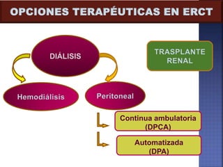 TRASPLANTE
RENAL
PeritonealHemodiálisis
Continua ambulatoria
(DPCA)
Automatizada
(DPA)
OPCIONES TERAPÉUTICAS EN ERCT
 