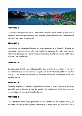 PRINCIPIO 5
Los recursos no renovables de la Tierra deben emplearse de tal manera que se evite el
peligro de su futuro agotamiento y para asegurar que los beneficios de tal empleo son
compartidos por toda la humanidad.
PRINCIPIO 6
La descarga de sustancias tóxicas o de otras sustancias y la liberación de calor, en
cantidades o concentraciones tales que exceden la capacidad del medio para hacerlos
inofensivos, debe detenerse con el fin de garantizar que el daño grave o irreversible no es
causado a los ecosistemas
PRINCIPIO 7
Estados adoptarán todas las medidas posibles para evitar la contaminación de los mares
por sustancias que puedan ocasionar riesgos para la salud humana, dañar los recursos
vivos y la vida marina, menoscabar los alicientes recreativos o entorpecer otros usos
legítimos del mar.
PRINCIPIO 8
Desarrollo económico y social es esencial para garantizar la vida y el ambiente de trabajo
favorable para el hombre y para la creación de condiciones en la tierra que son
necesarios para la mejora de la calidad de vida.
PRINCIPIO 9
Las deficiencias ambientales generadas por las condiciones del subdesarrollo y los
desastres naturales plantean graves problemas y lo mejor puede ser subsanado por el
 